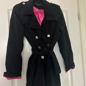 Calvin Klein Black Trench Coat with Vibrant Pink Accents